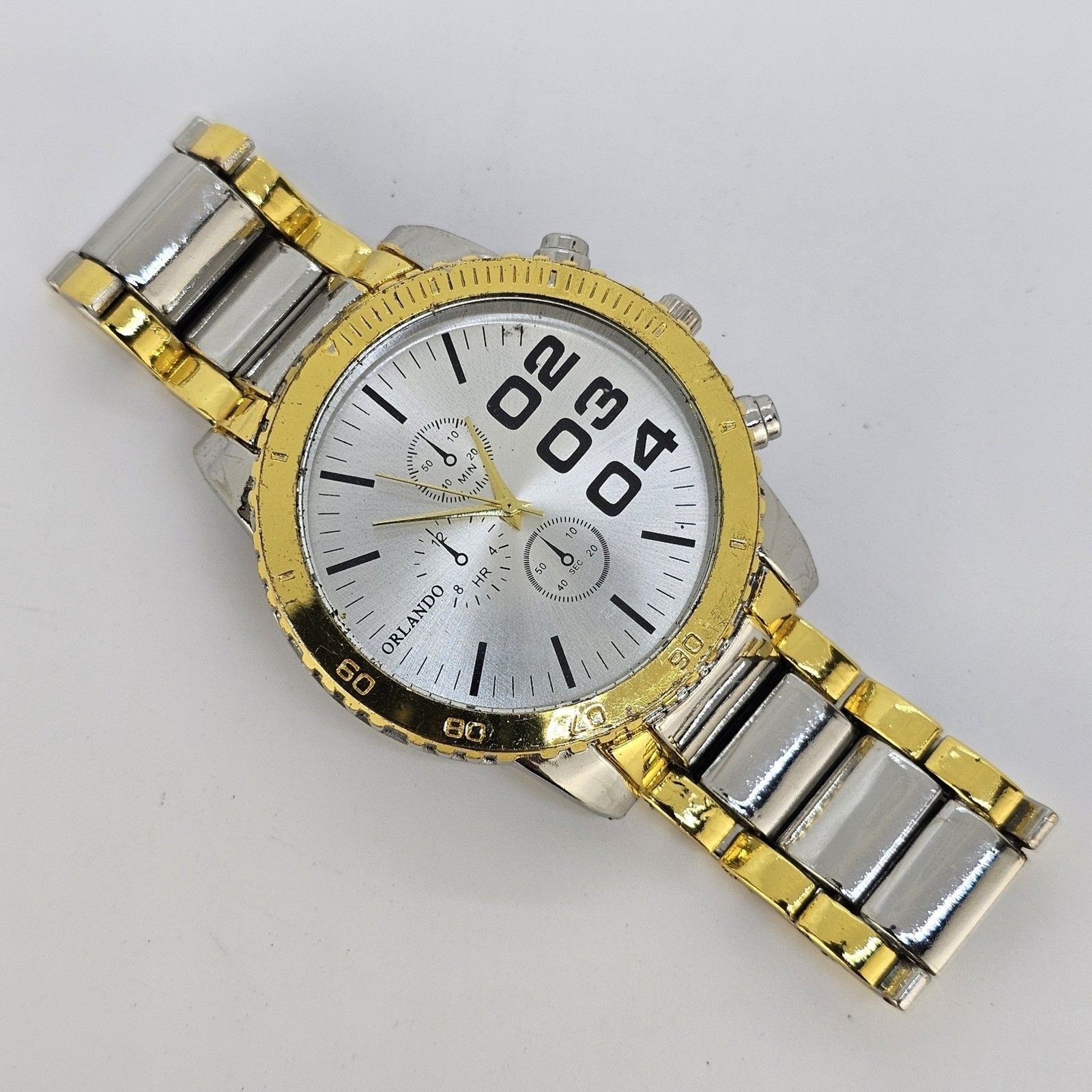 Mens Watch 45mm Gray Dial Gold Bezel Gold Gray Band 75 Wrist New Battery